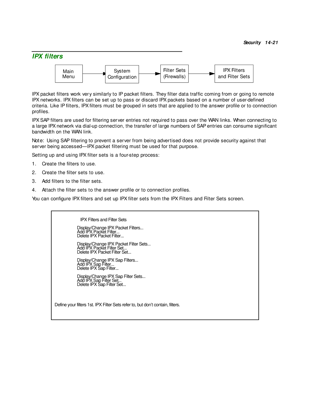 Netopia R2020 manual IPX ﬁlters, Main Menu System Configuration Filter Sets Firewalls 