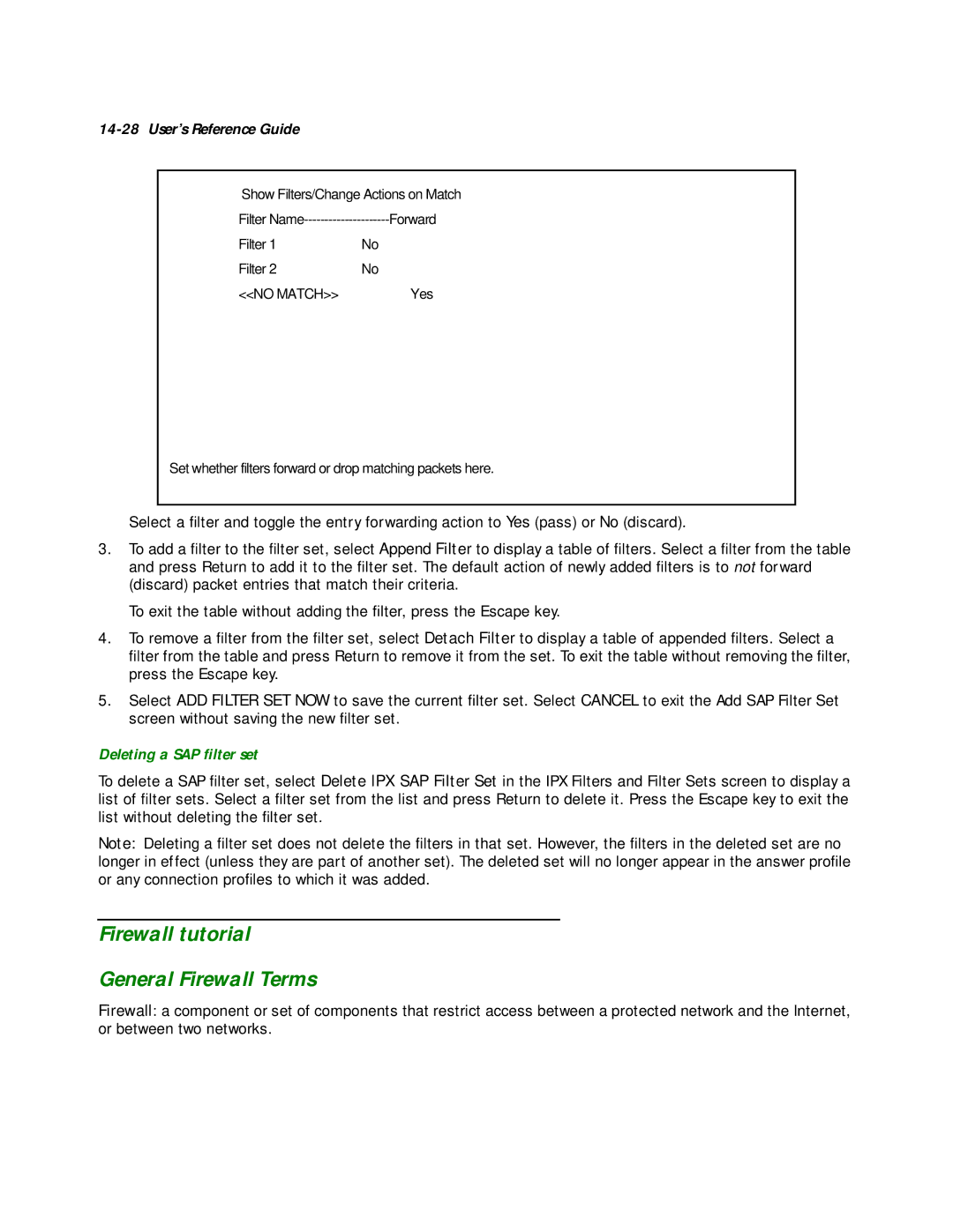 Netopia R2020 manual Firewall tutorial General Firewall Terms, Deleting a SAP ﬁlter set 