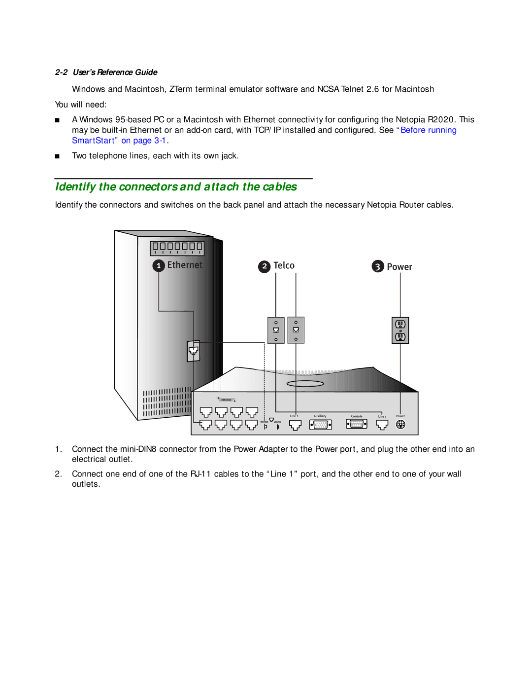 Netopia R2020 manual Identify the connectors and attach the cables, Ethernet Telco 