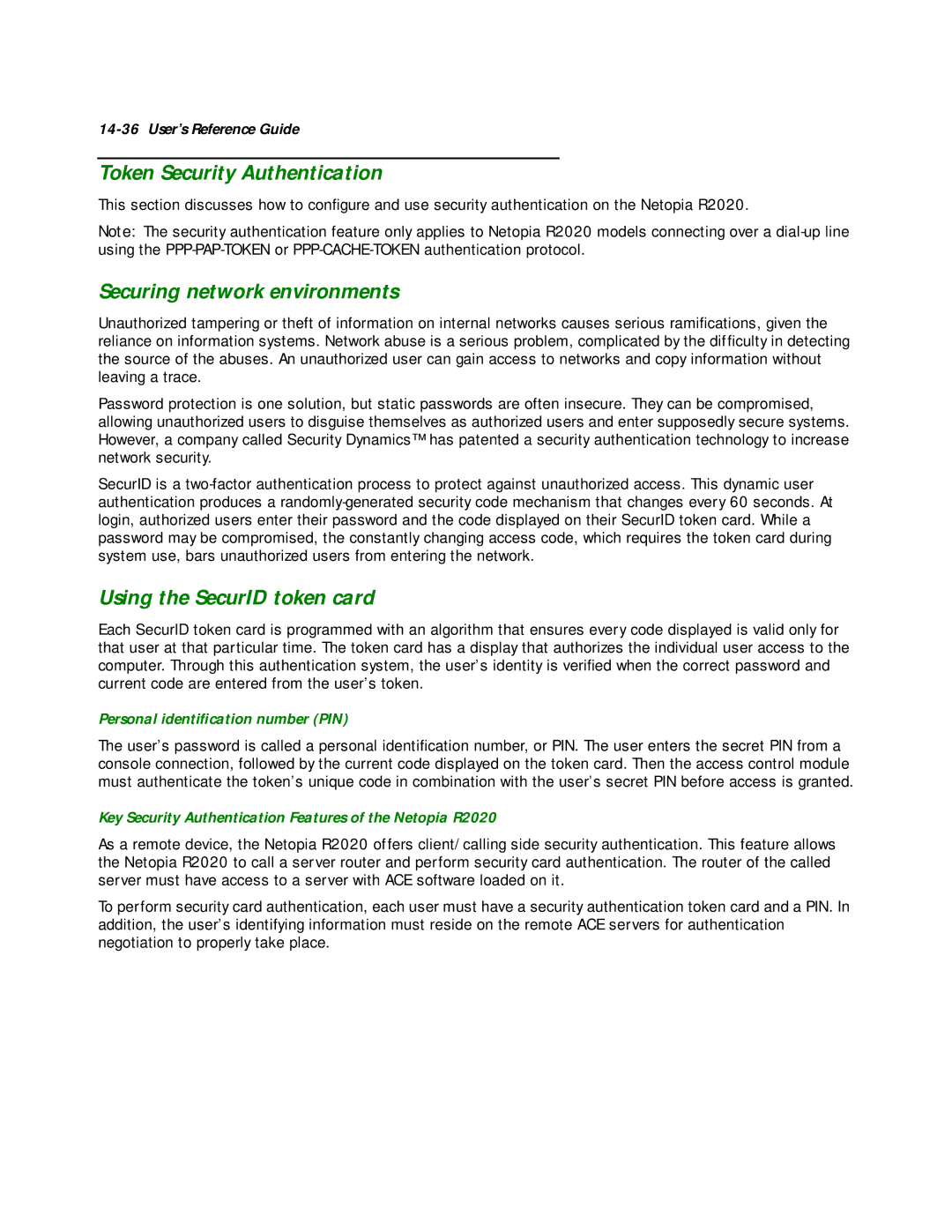 Netopia R2020 manual Token Security Authentication, Securing network environments, Using the SecurID token card 