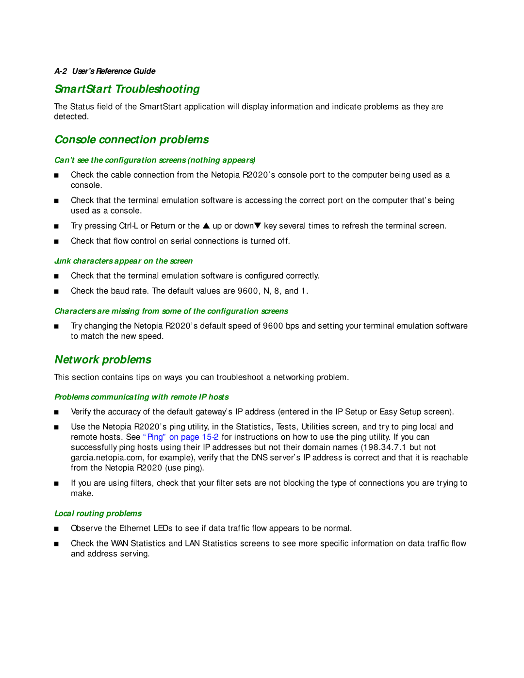 Netopia R2020 manual SmartStart Troubleshooting, Console connection problems, Network problems 