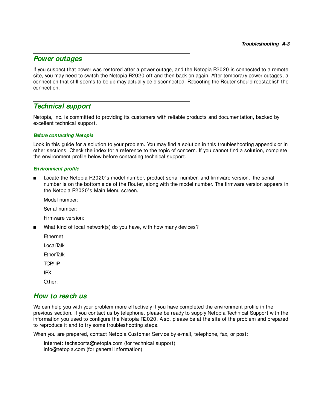 Netopia R2020 manual Power outages, Technical support, How to reach us, Before contacting Netopia, Environment proﬁle 