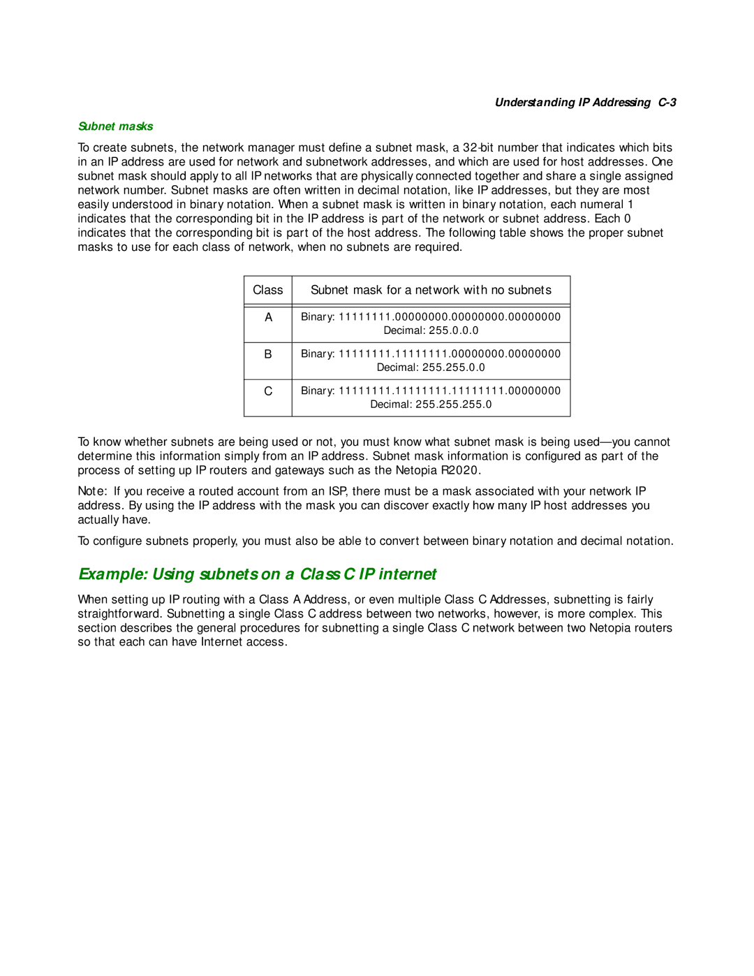 Netopia R2020 manual Example Using subnets on a Class C IP internet, Subnet masks 