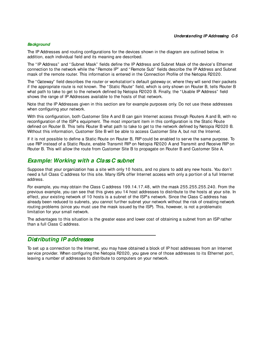 Netopia R2020 manual Example Working with a Class C subnet, Distributing IP addresses, Background 