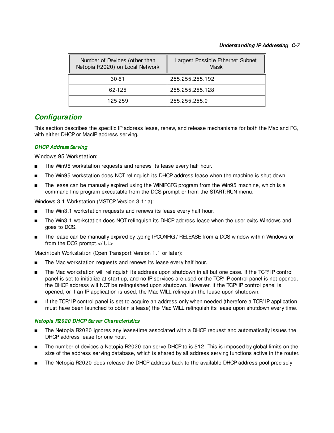 Netopia manual Conﬁguration, Dhcp Address Serving, Netopia R2020 Dhcp Server Characteristics 