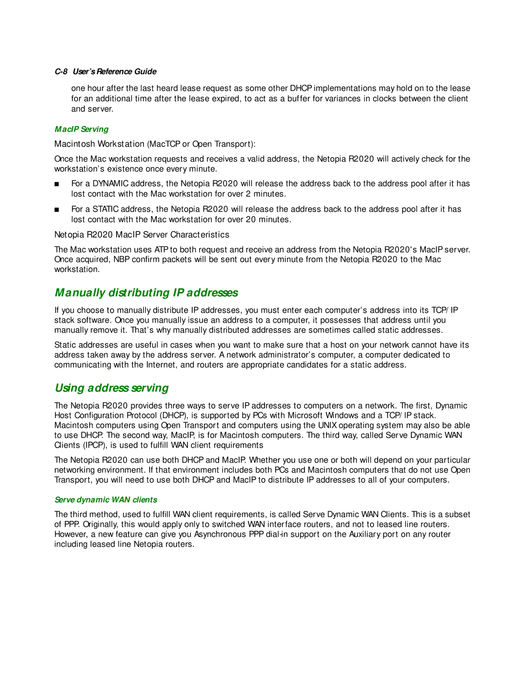 Netopia R2020 manual Manually distributing IP addresses, Using address serving, MacIP Serving, Serve dynamic WAN clients 