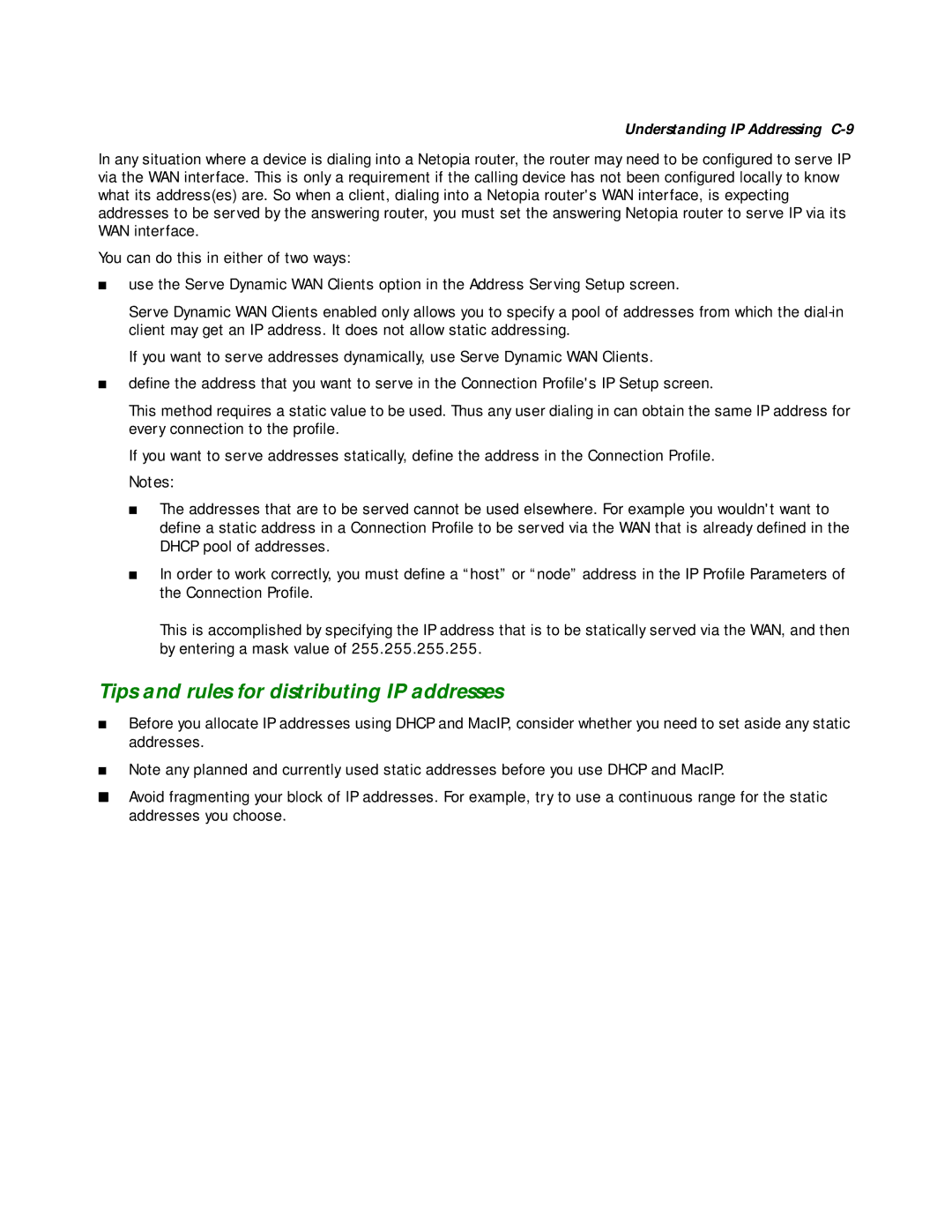 Netopia R2020 manual Tips and rules for distributing IP addresses, Understanding IP Addressing C-9 