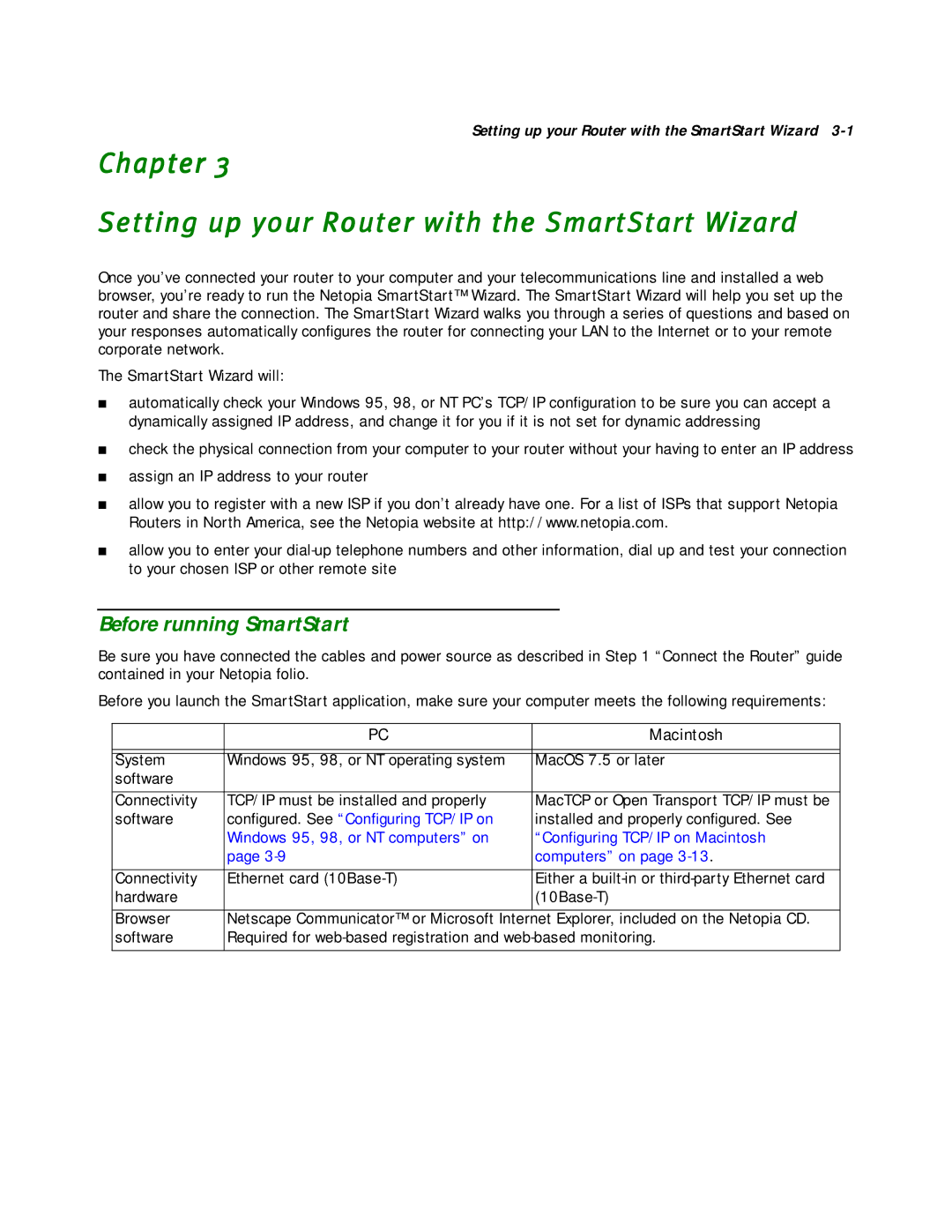 Netopia R2020 manual Chapter Setting up your Router with the SmartStart Wizard, Before running SmartStart 