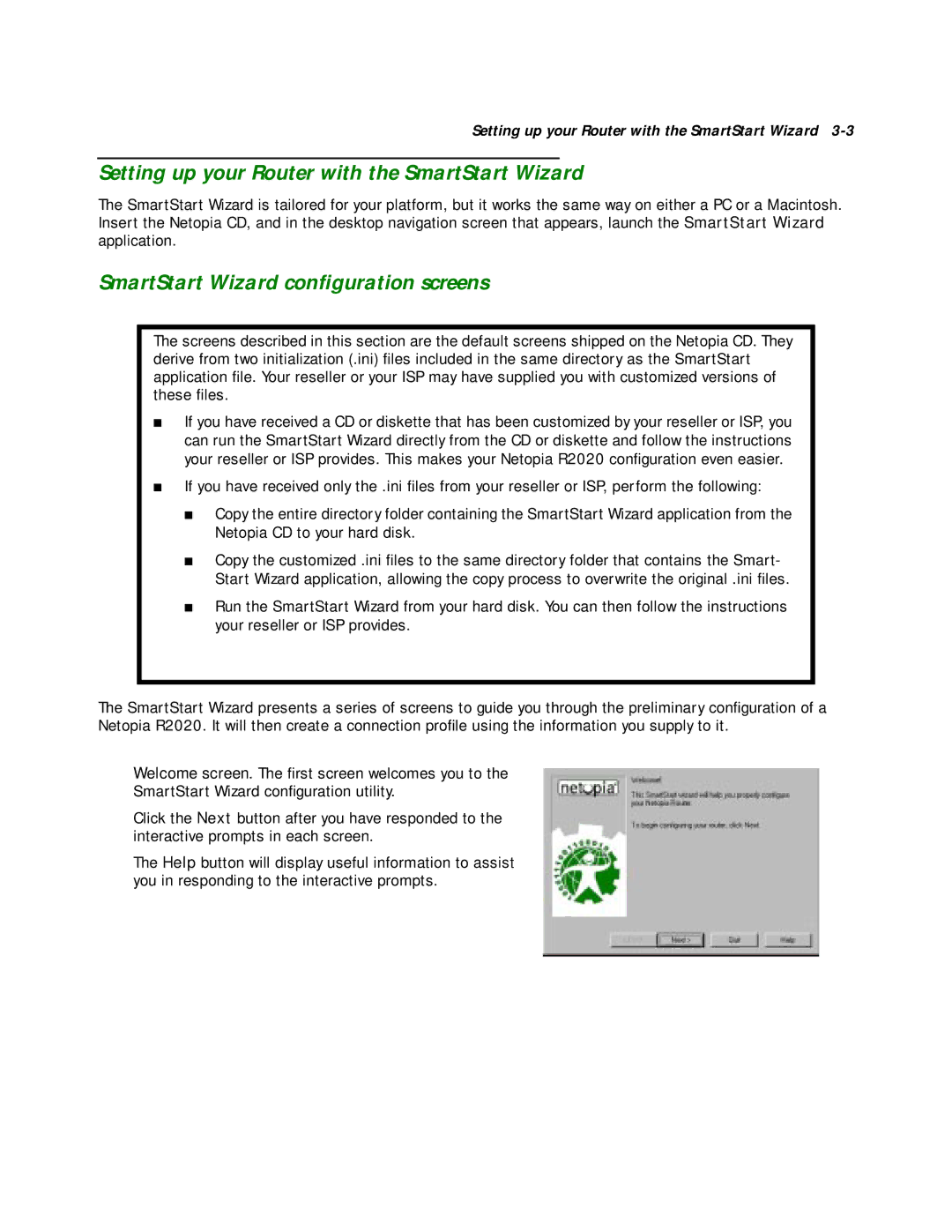 Netopia R2020 manual Setting up your Router with the SmartStart Wizard, SmartStart Wizard conﬁguration screens 