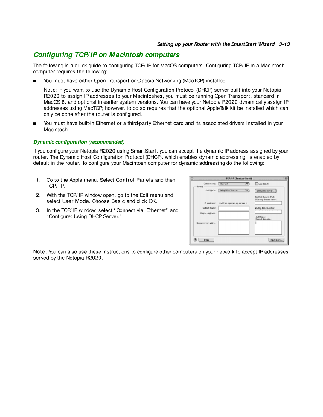 Netopia R2020 manual Conﬁguring TCP/IP on Macintosh computers, Tcp/Ip 