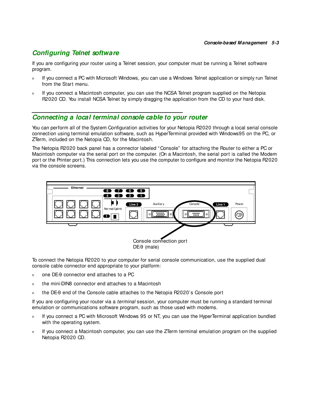 Netopia R2020 manual Conﬁguring Telnet software, Connecting a local terminal console cable to your router 