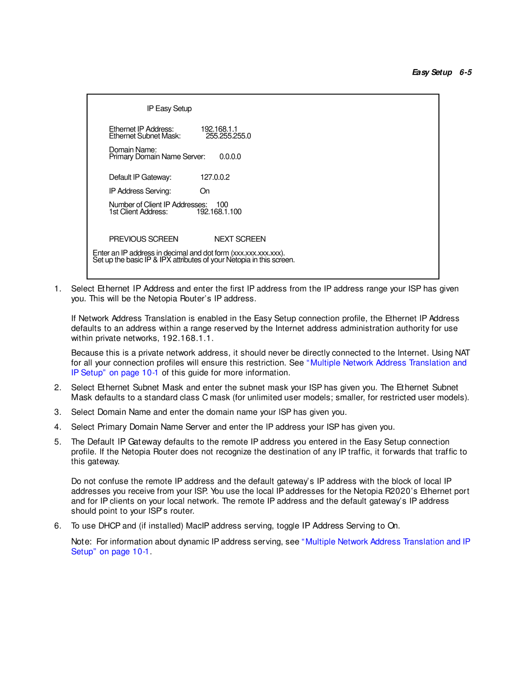 Netopia R2020 manual Ethernet IP Address 192.168.1.1 Ethernet Subnet Mask 