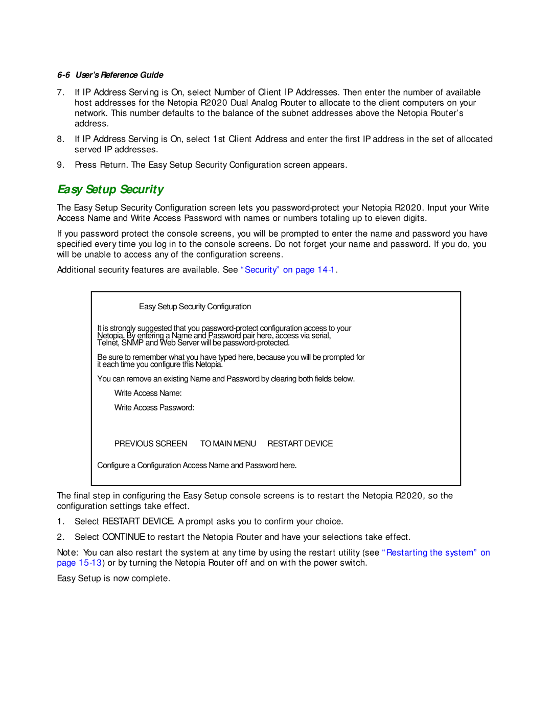 Netopia R2020 manual Easy Setup Security 