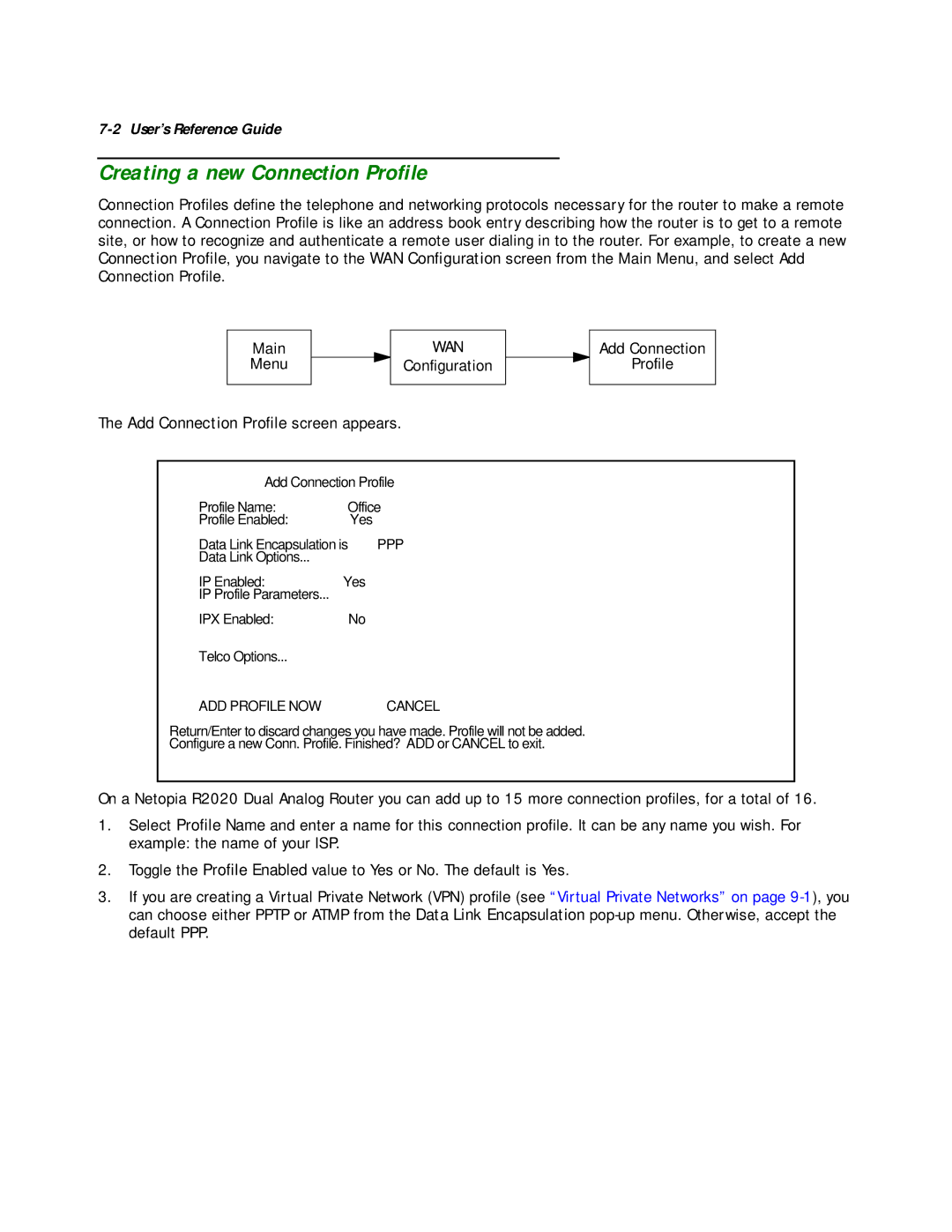 Netopia R2020 manual Creating a new Connection Proﬁle, Wan 