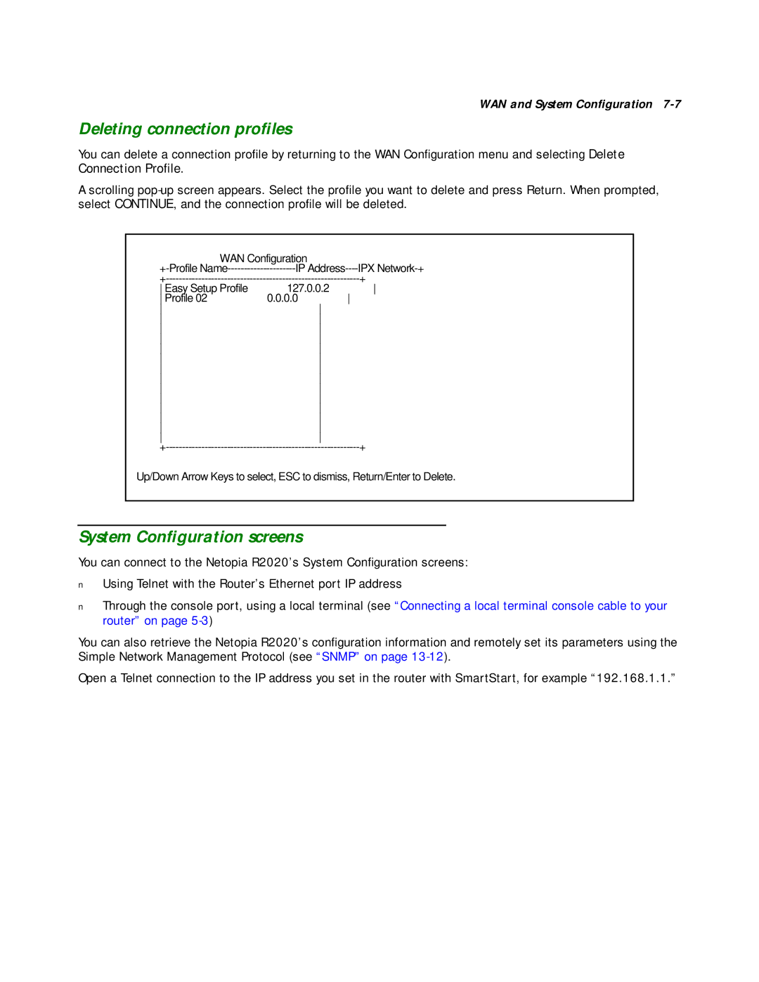 Netopia R2020 manual Deleting connection proﬁles, System Conﬁguration screens 