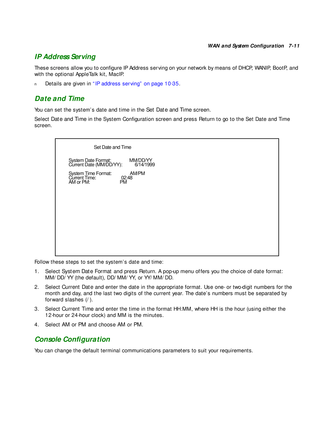 Netopia R2020 manual IP Address Serving, Date and Time, Console Conﬁguration 