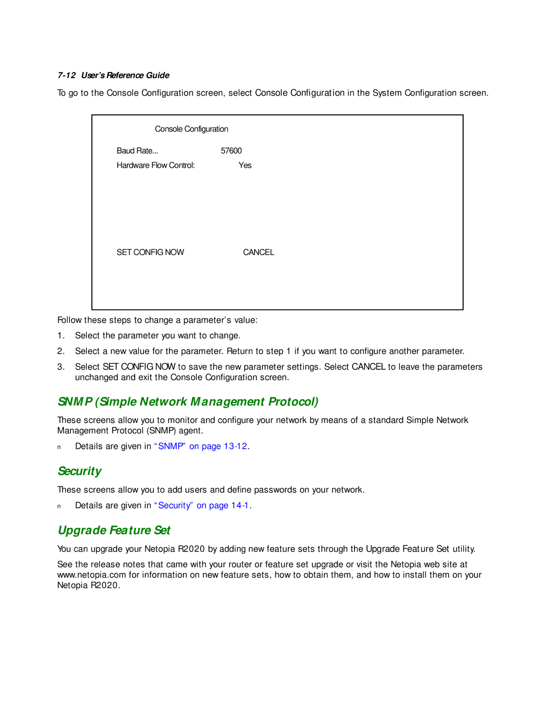 Netopia R2020 manual Snmp Simple Network Management Protocol, Security, Upgrade Feature Set 