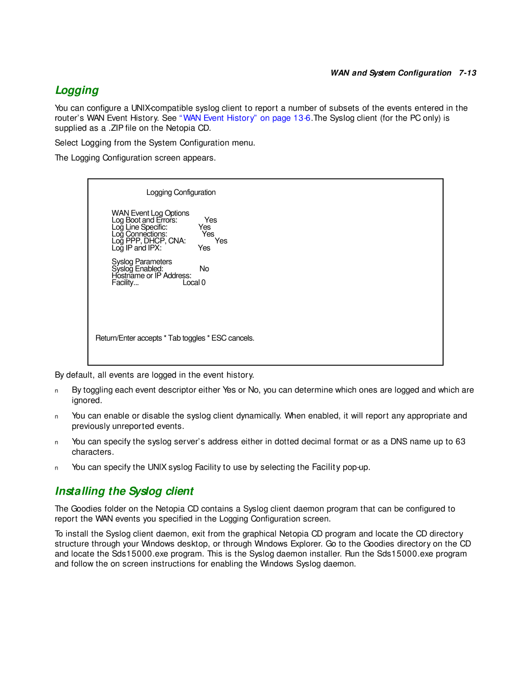 Netopia R2020 manual Logging, Installing the Syslog client 