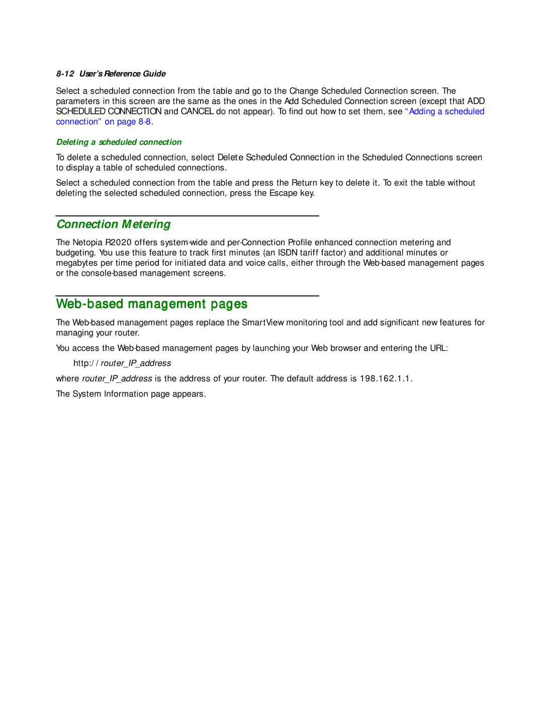 Netopia R2020 manual Connection Metering, Web-based management pages, Deleting a scheduled connection 