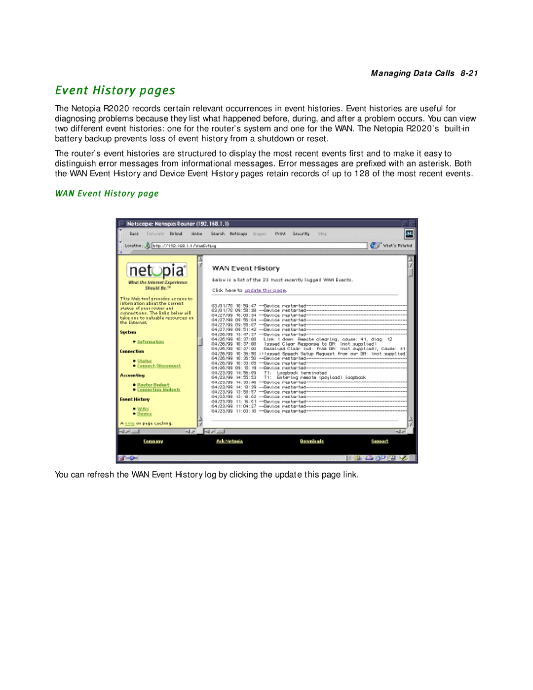 Netopia R2020 manual Event History pages, WAN Event History 