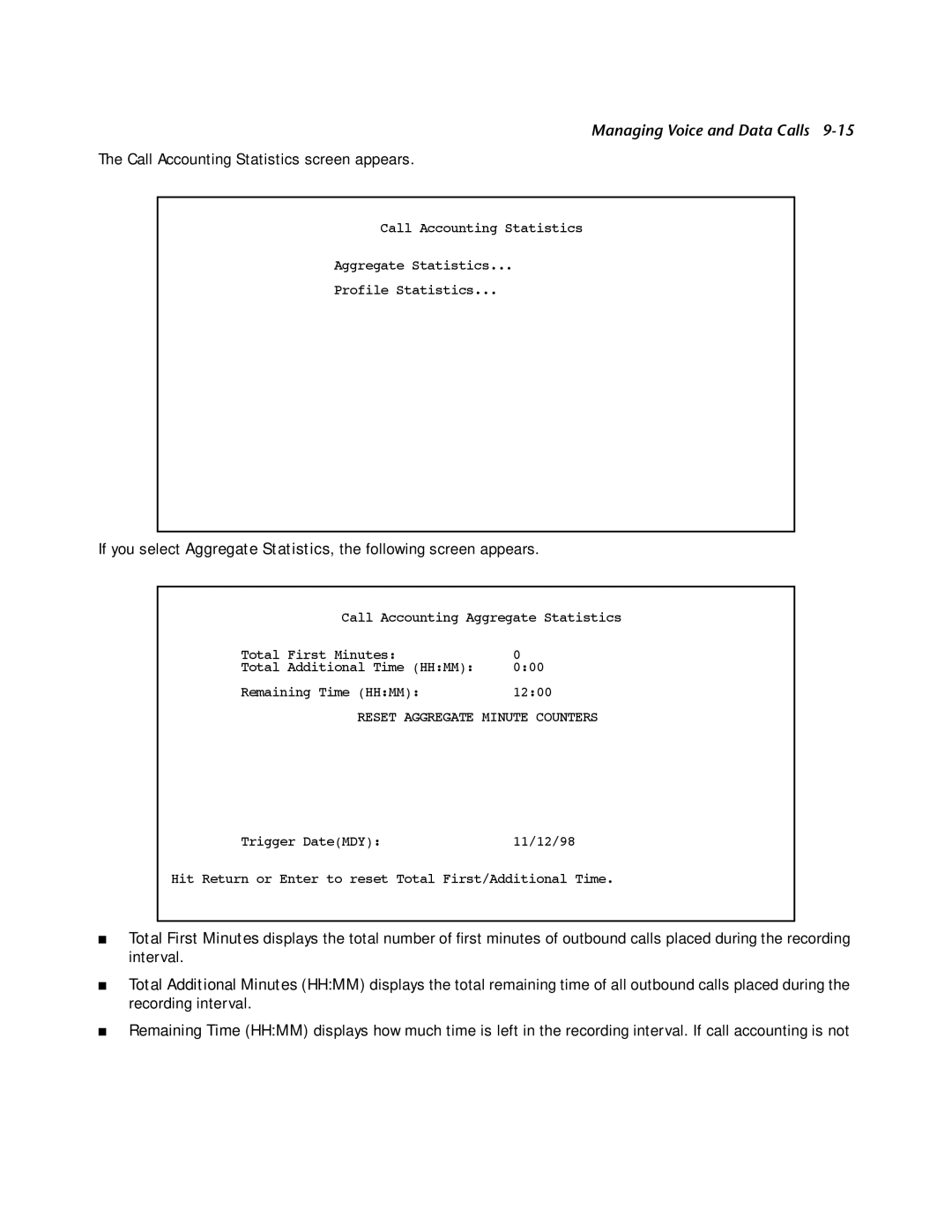 Netopia R2121 manual Call Accounting Statistics screen appears 