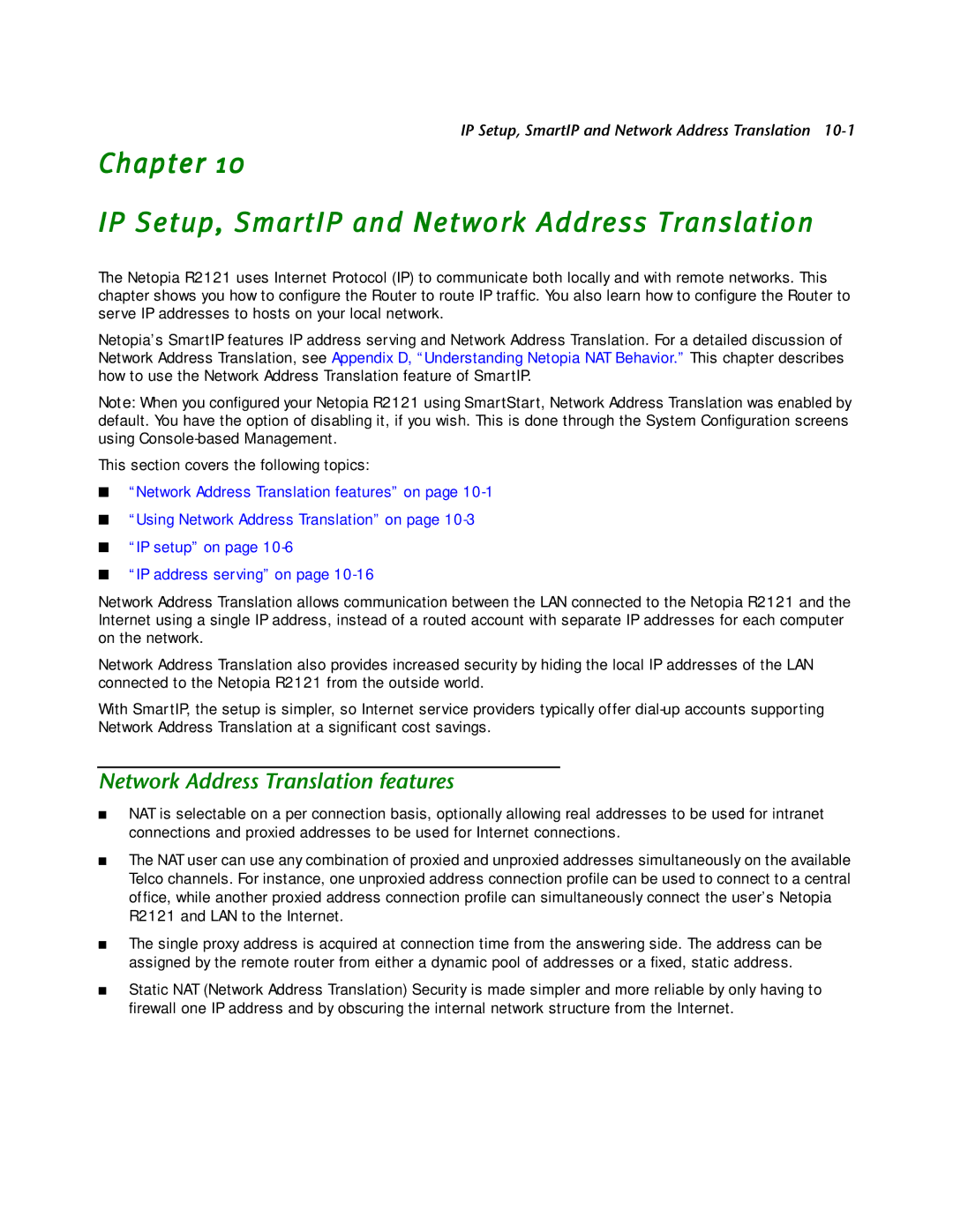 Netopia R2121 manual Chapter IP Setup, SmartIP and Network Address Translation, Network Address Translation features 