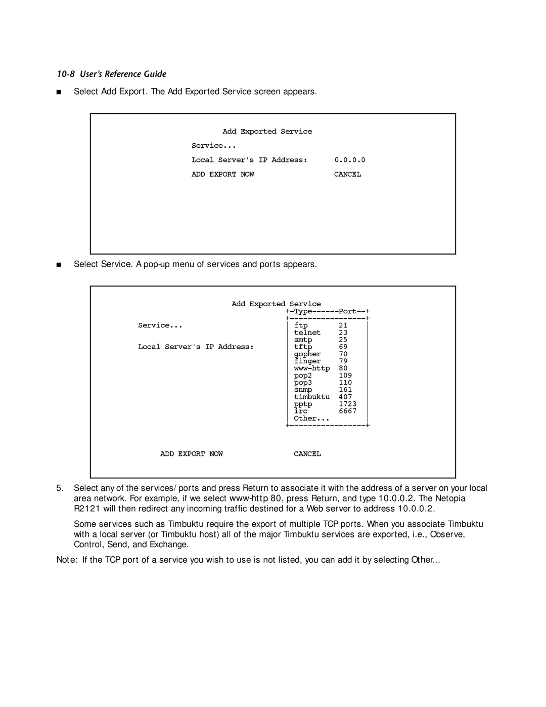 Netopia R2121 manual Select Add Export. The Add Exported Service screen appears 