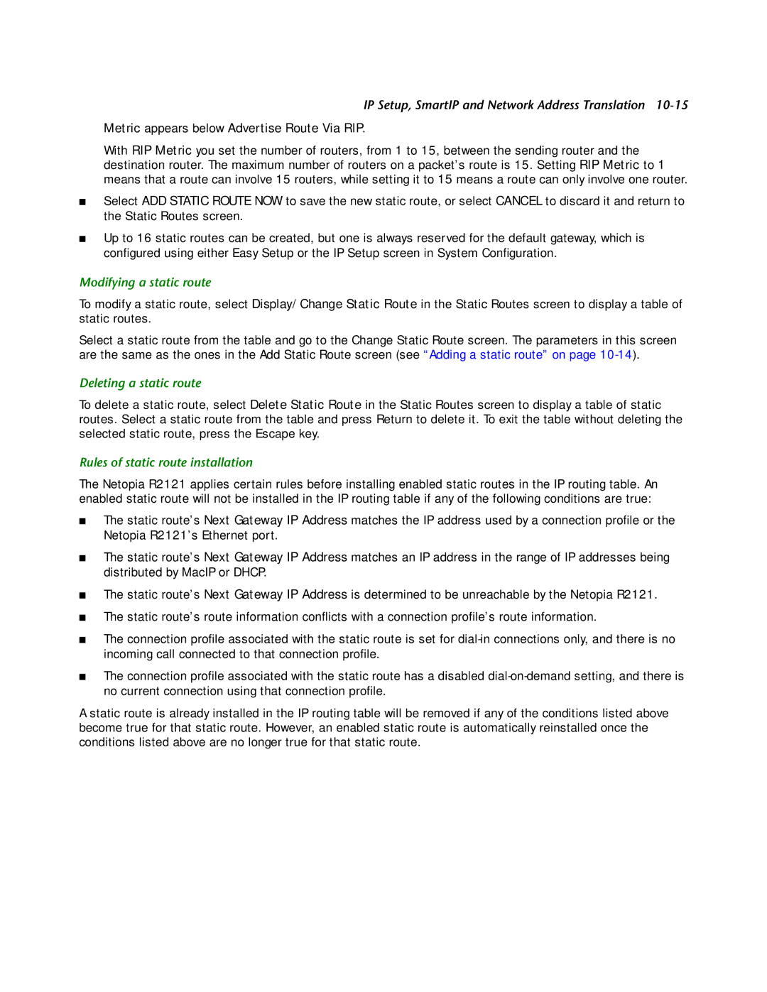 Netopia R2121 manual Modifying a static route, Deleting a static route, Rules of static route installation 