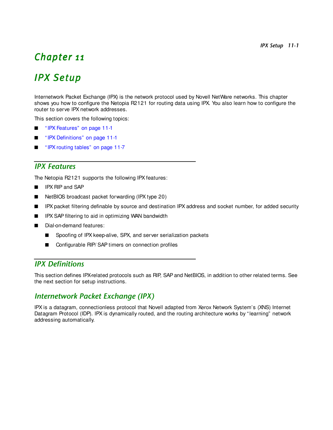 Netopia R2121 manual Chapter IPX Setup, IPX Features, IPX Deﬁnitions, Internetwork Packet Exchange IPX 