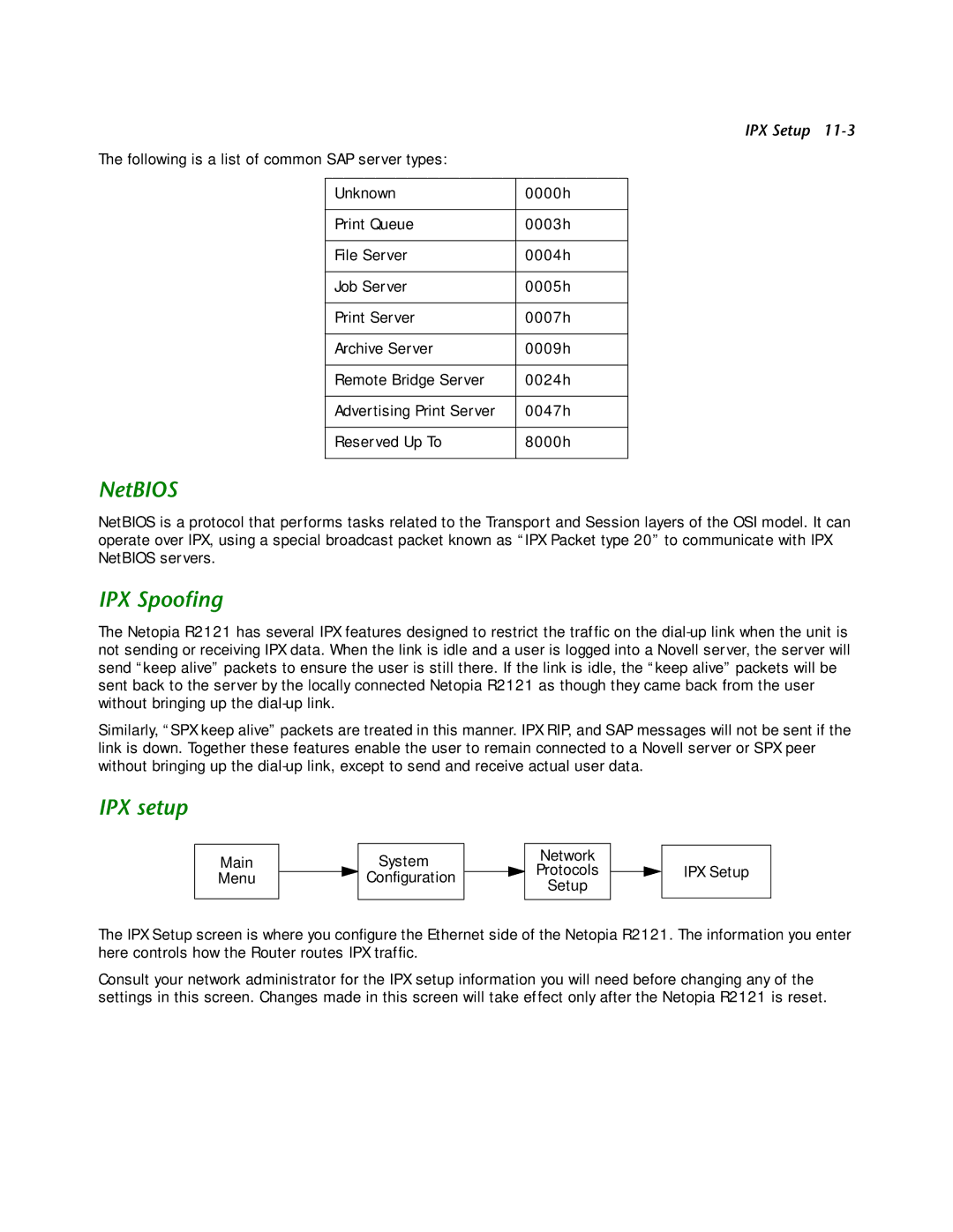 Netopia R2121 manual NetBIOS, IPX Spooﬁng, IPX setup 