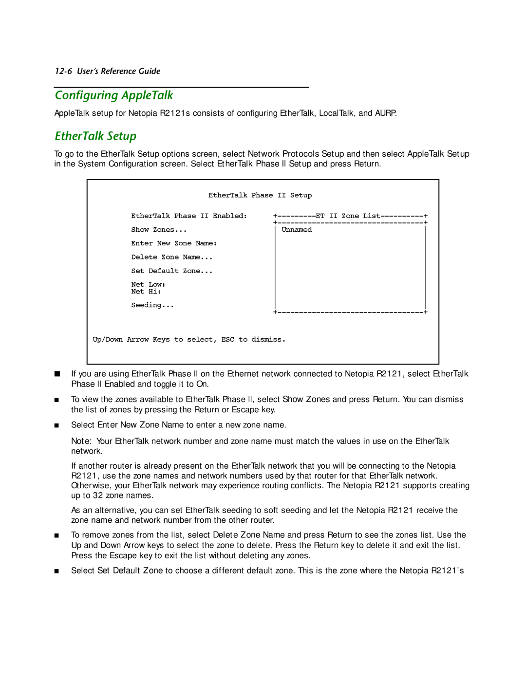 Netopia R2121 manual Conﬁguring AppleTalk, EtherTalk Setup 