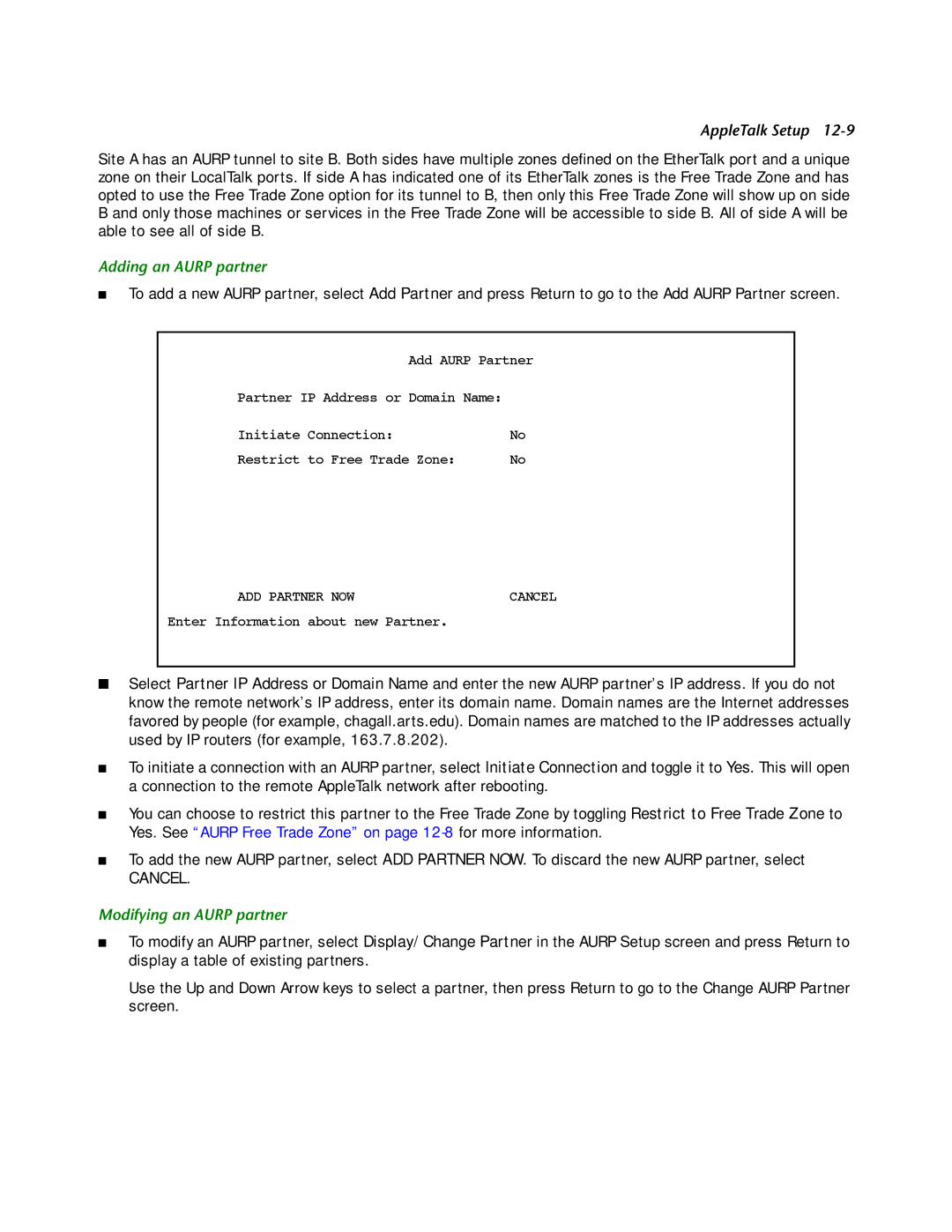 Netopia R2121 manual Adding an Aurp partner, Modifying an Aurp partner 