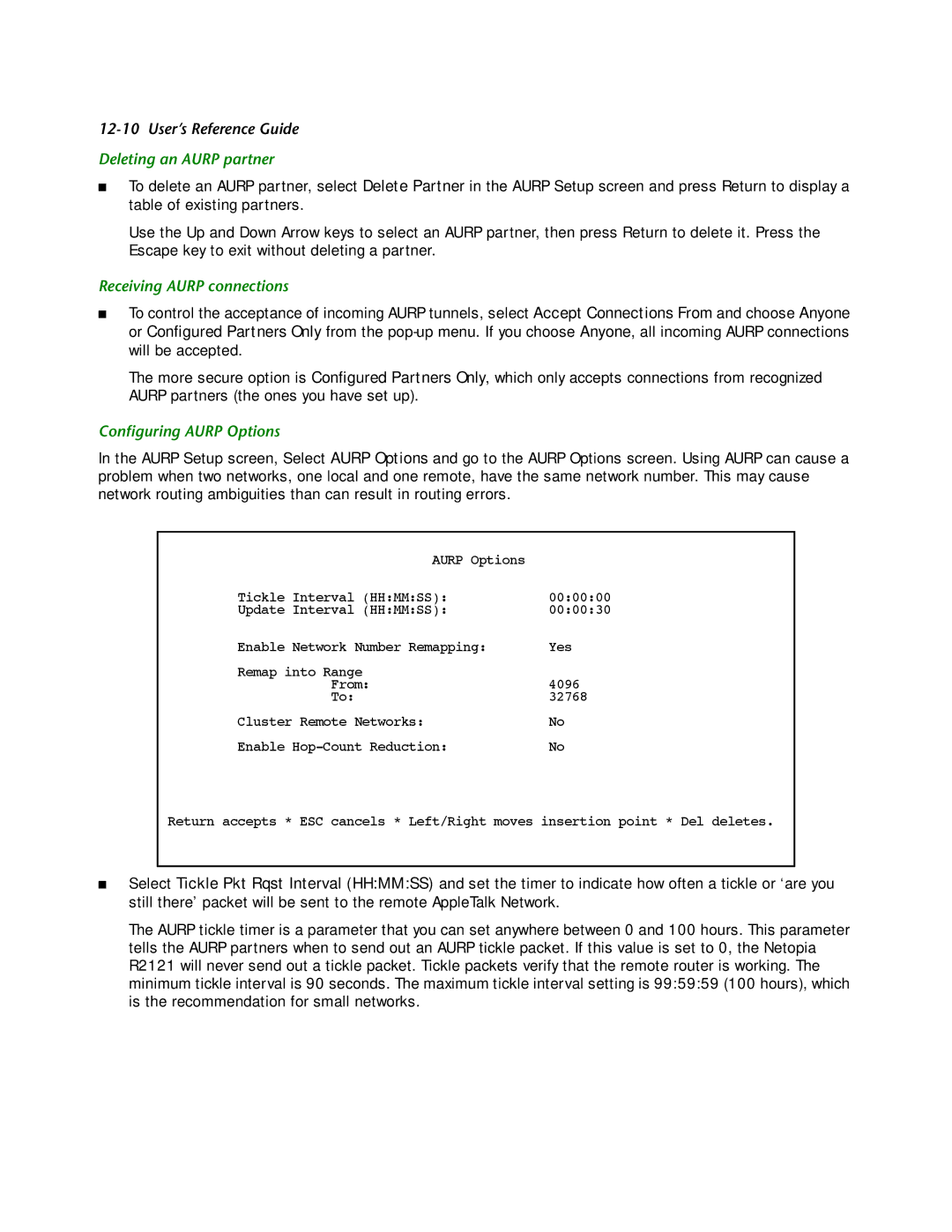 Netopia R2121 manual Deleting an Aurp partner, Receiving Aurp connections, Conﬁguring Aurp Options 