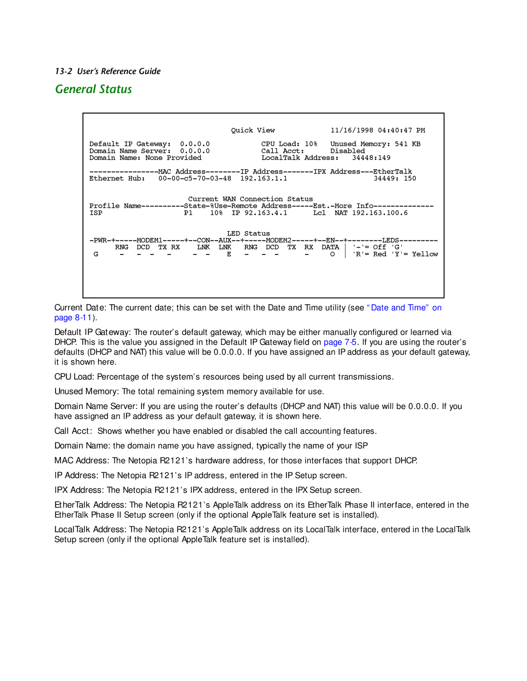 Netopia R2121 manual General Status 