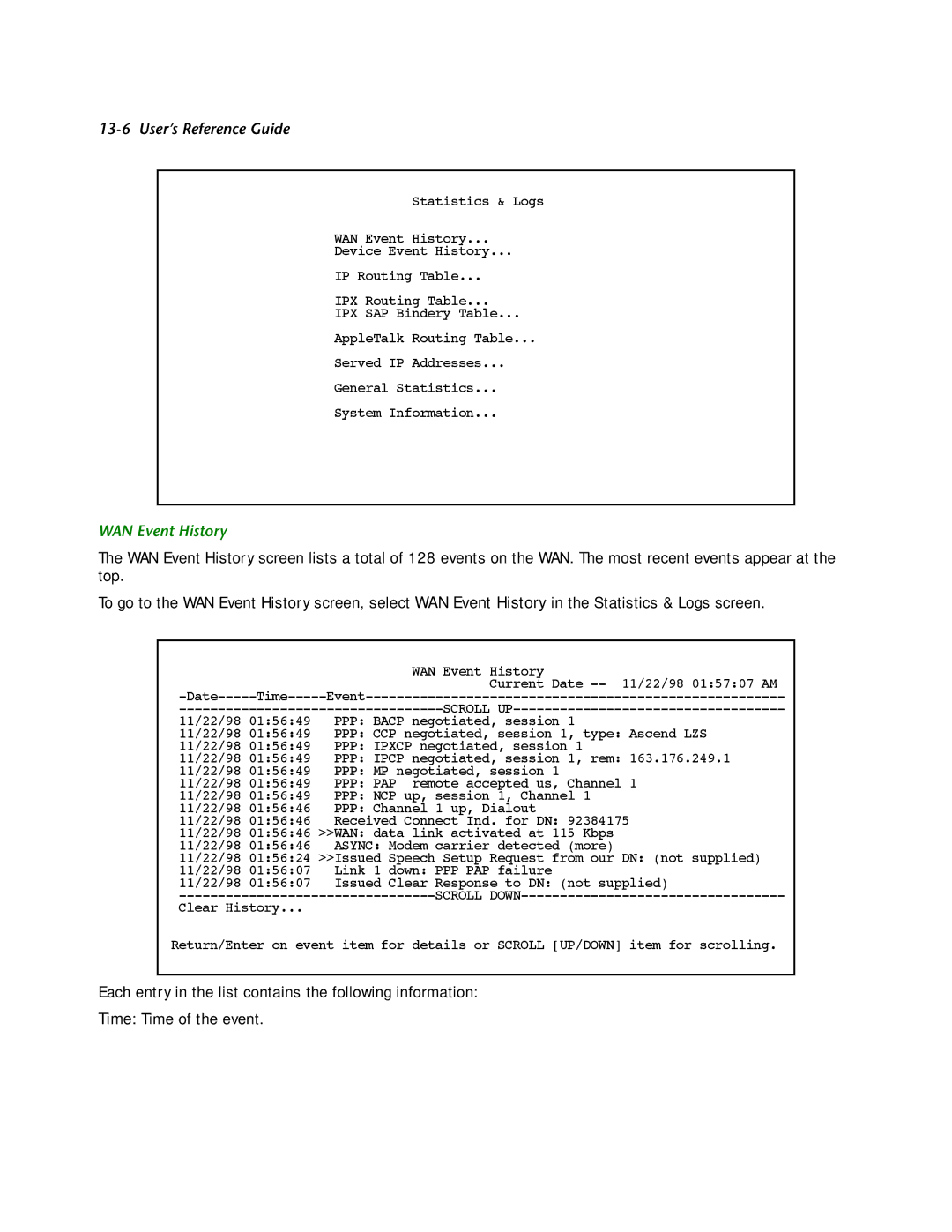 Netopia R2121 manual WAN Event History 