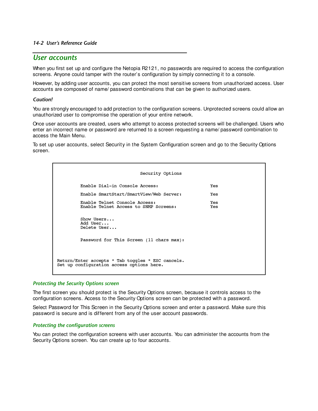 Netopia R2121 manual User accounts, Protecting the Security Options screen, Protecting the conﬁguration screens 