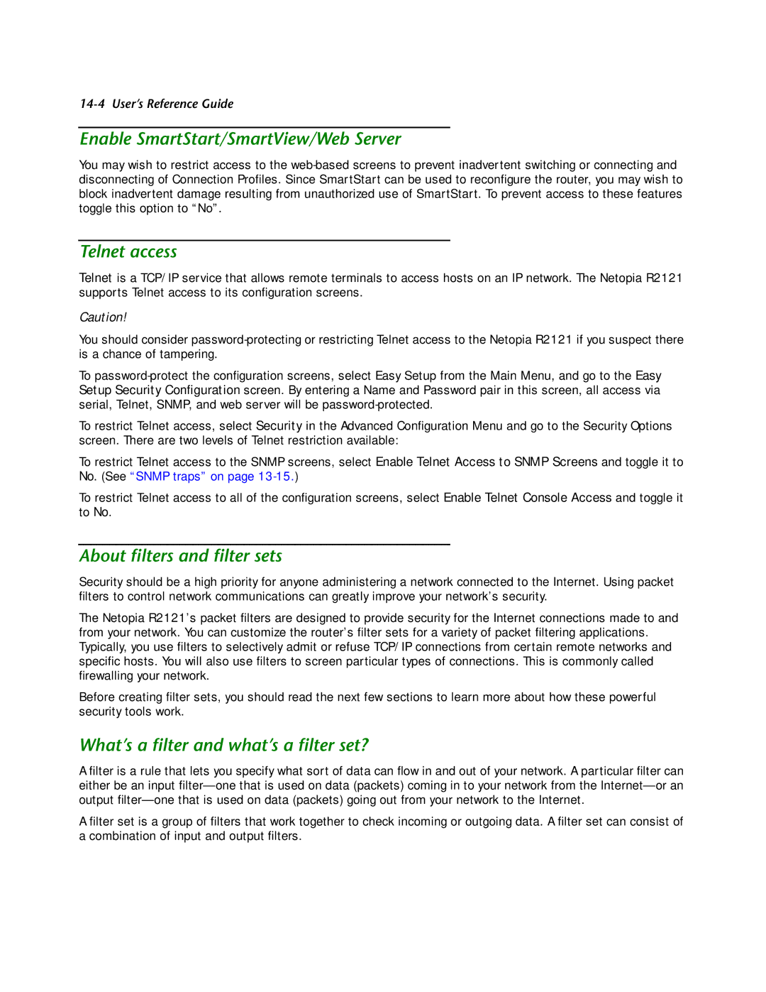 Netopia R2121 manual Enable SmartStart/SmartView/Web Server, Telnet access, About ﬁlters and ﬁlter sets 