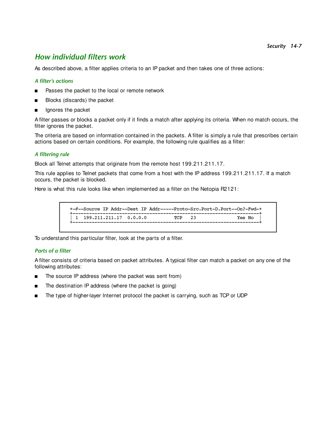 Netopia R2121 manual How individual ﬁlters work, ﬁlter’s actions, ﬁltering rule, Parts of a ﬁlter 