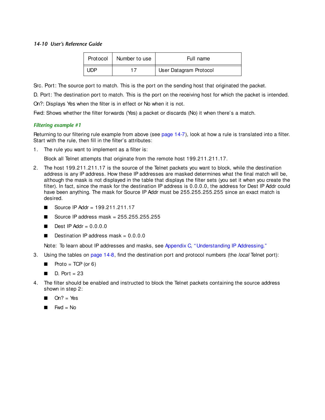 Netopia R2121 manual Udp, Filtering example #1 