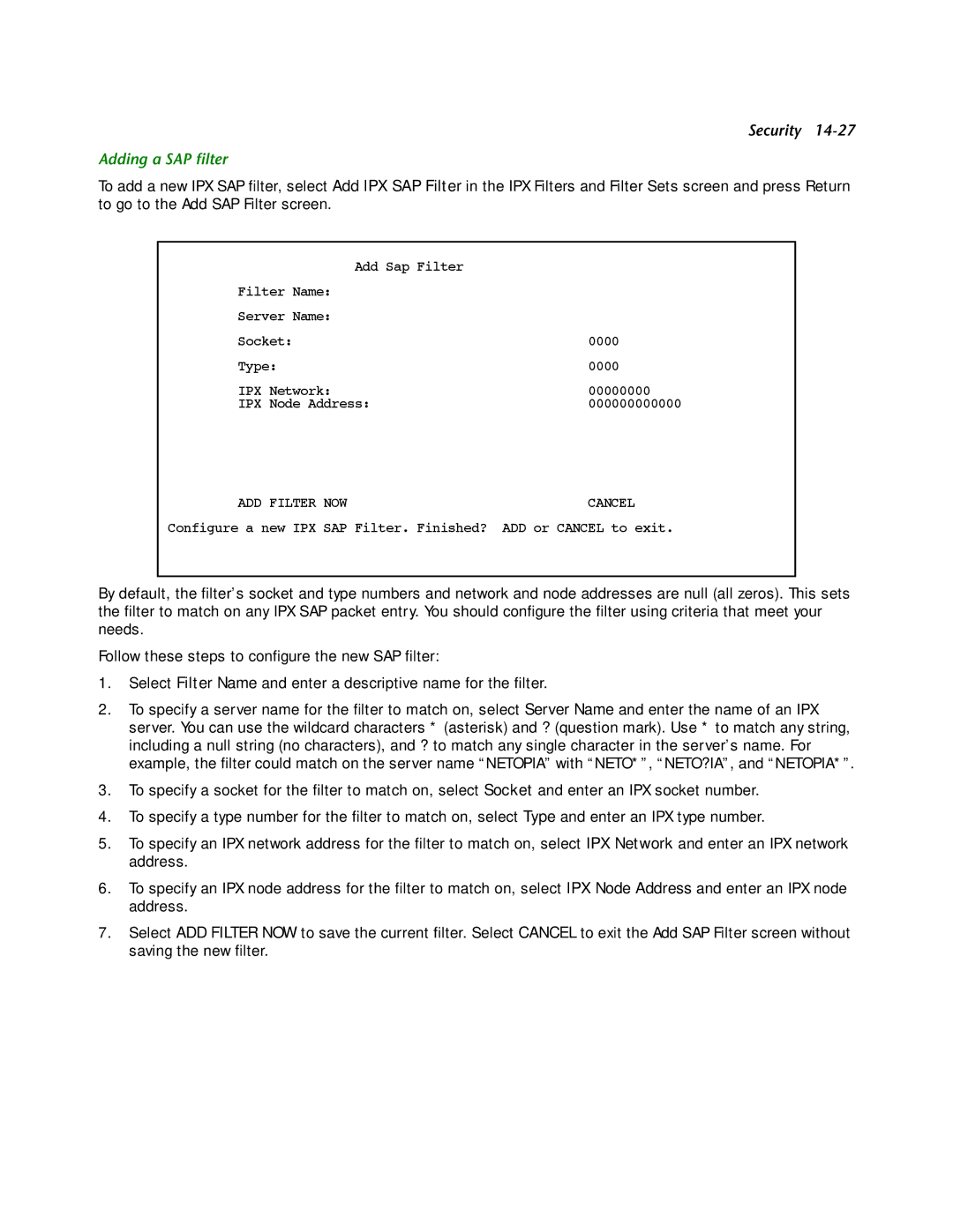 Netopia R2121 manual Adding a SAP ﬁlter 