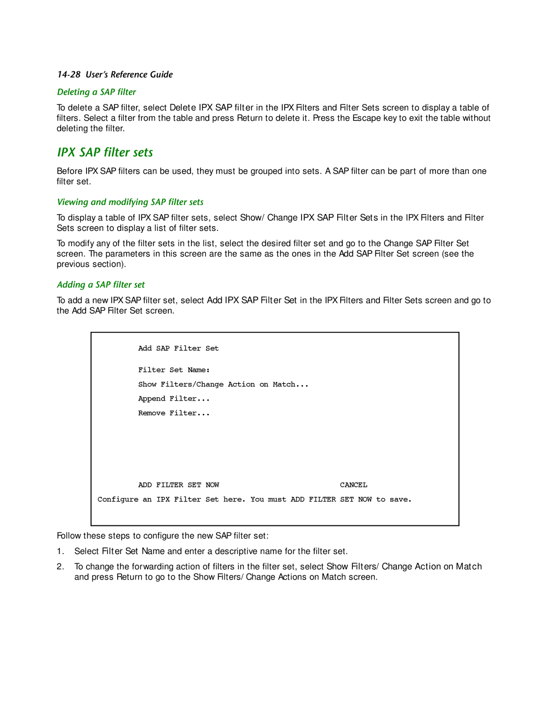 Netopia R2121 manual IPX SAP ﬁlter sets, Deleting a SAP ﬁlter, Viewing and modifying SAP ﬁlter sets, Adding a SAP ﬁlter set 