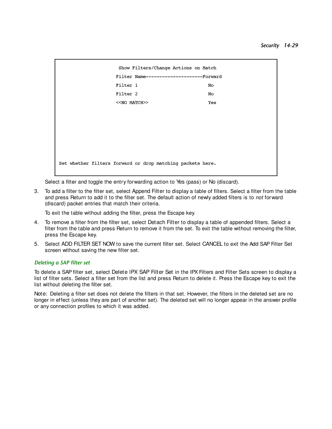 Netopia R2121 manual Deleting a SAP ﬁlter set 