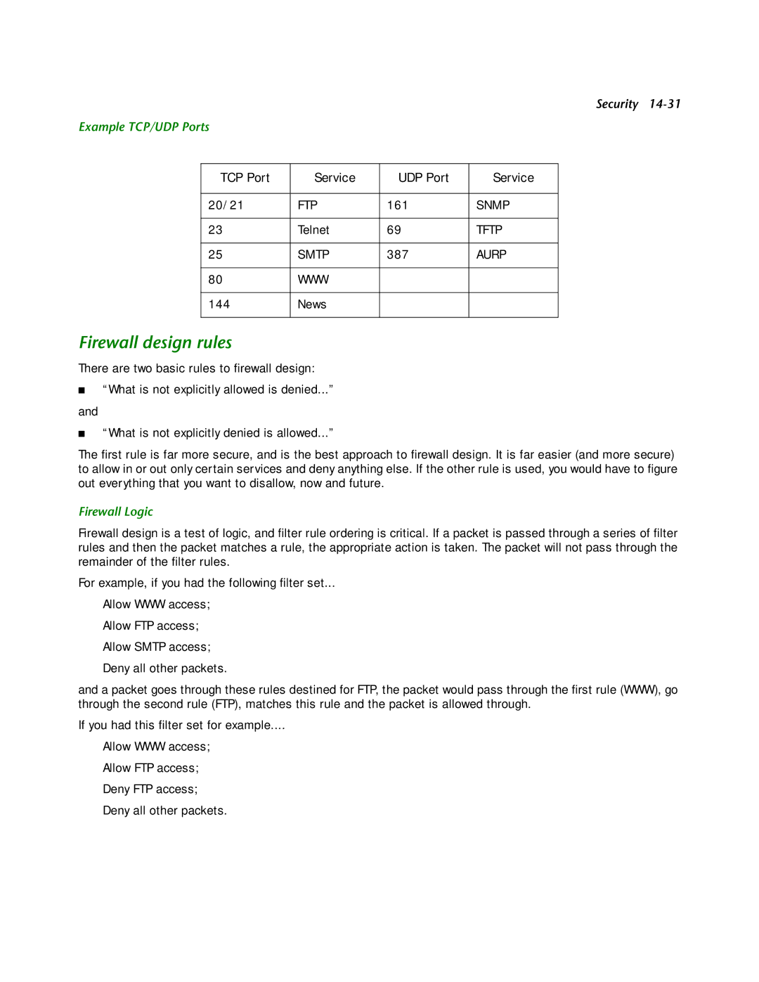 Netopia R2121 manual Firewall design rules, Example TCP/UDP Ports, Firewall Logic 