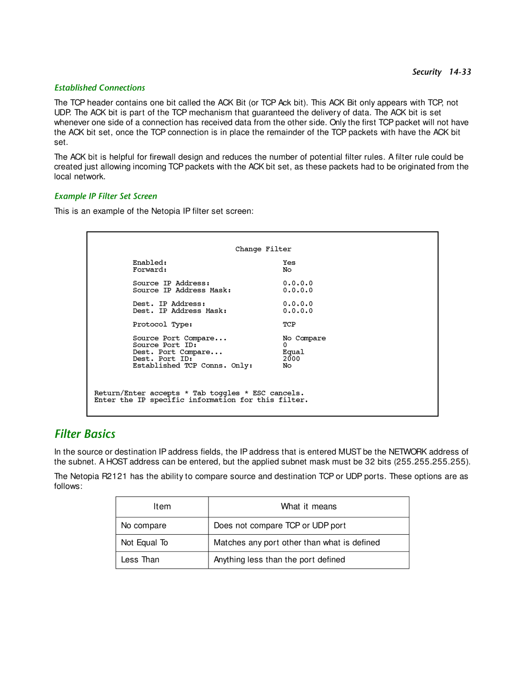 Netopia R2121 manual Filter Basics, Established Connections, Example IP Filter Set Screen 