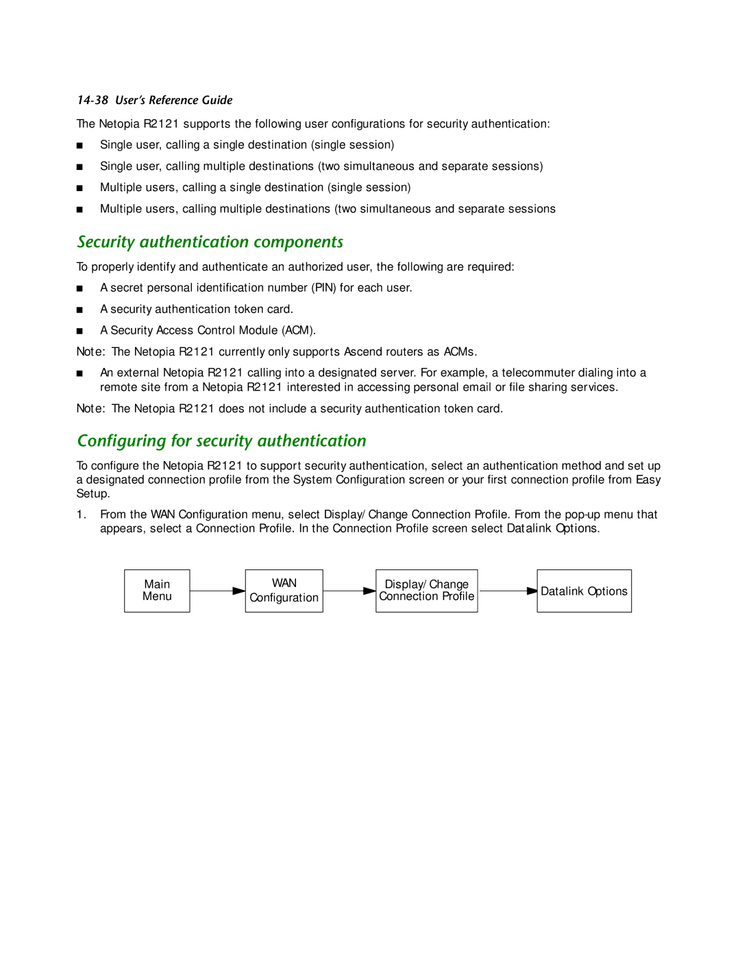 Netopia R2121 manual Security authentication components, Conﬁguring for security authentication 