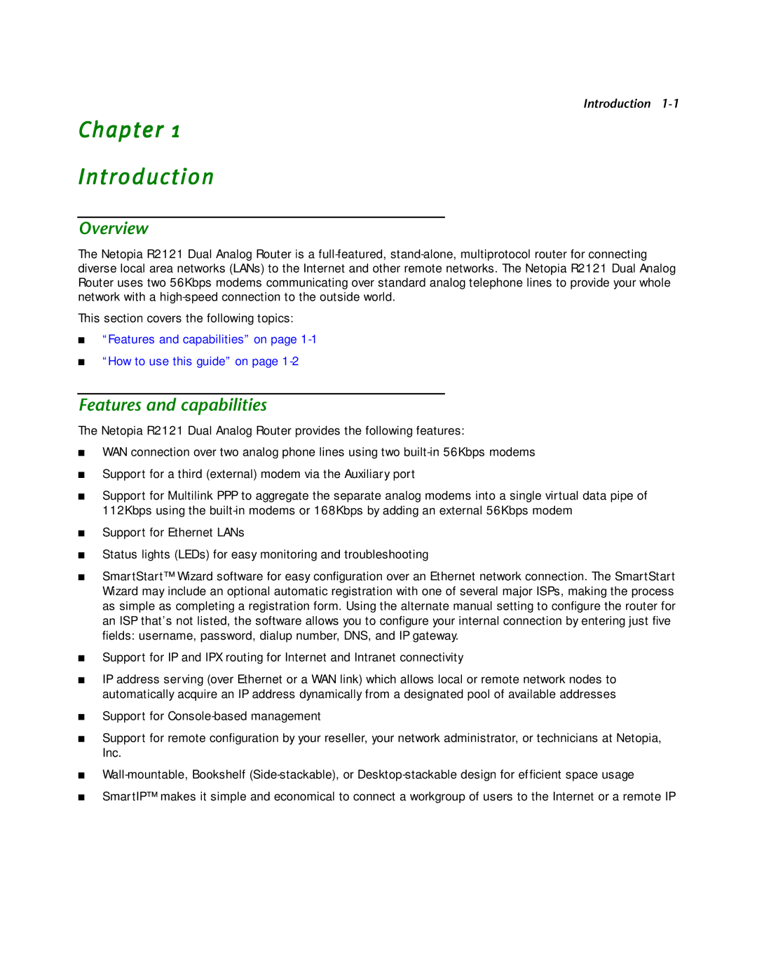 Netopia R2121 manual Chapter Introduction, Overview, Features and capabilities 