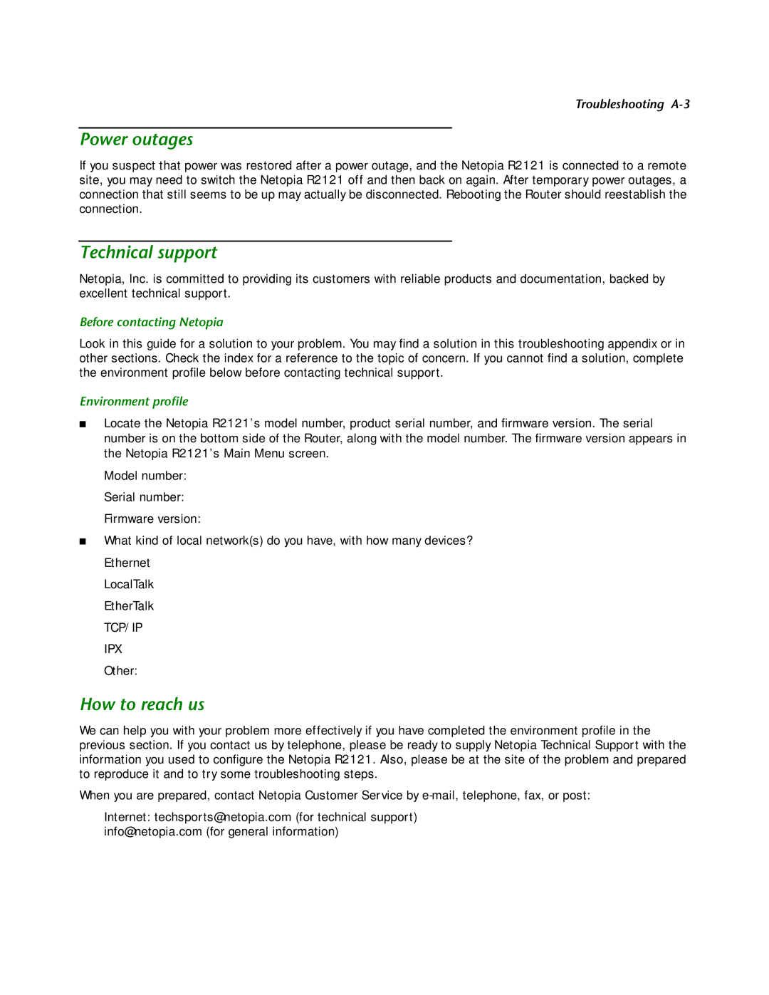 Netopia R2121 manual Power outages, Technical support, How to reach us, Before contacting Netopia, Environment proﬁle 