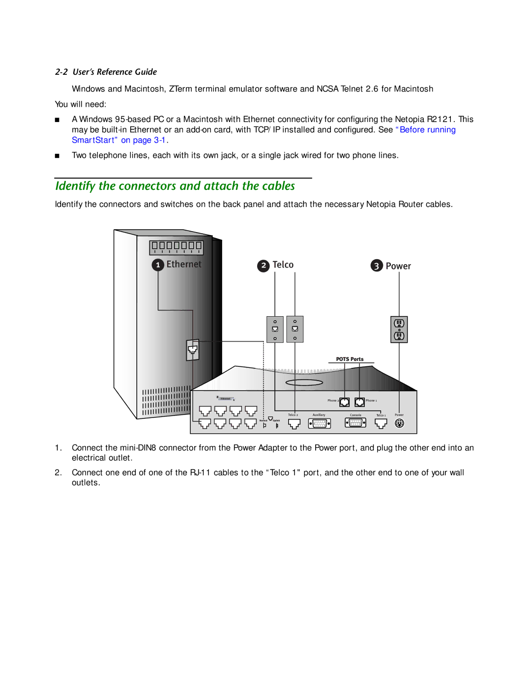 Netopia R2121 manual Identify the connectors and attach the cables, Ethernet Telco 