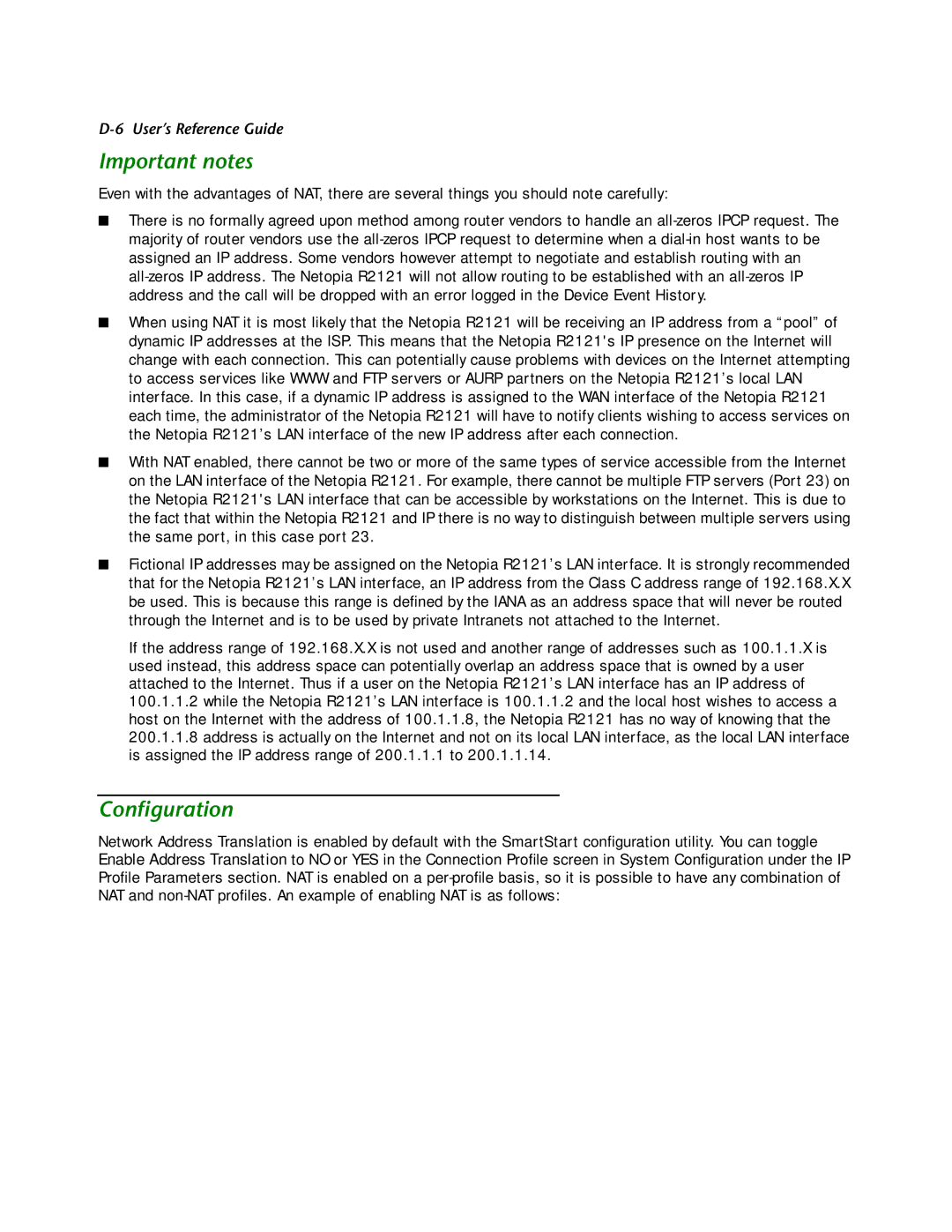 Netopia R2121 manual Important notes, Conﬁguration 