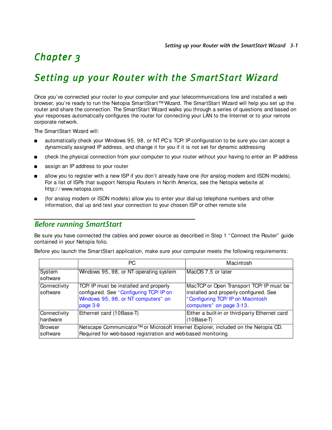 Netopia R2121 manual Chapter Setting up your Router with the SmartStart Wizard, Before running SmartStart 